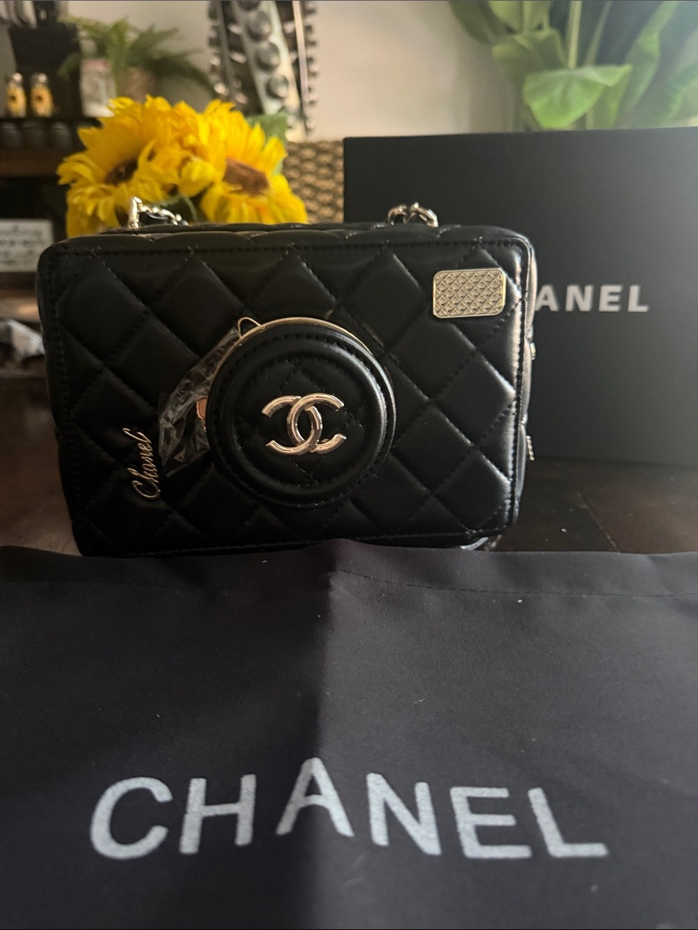 Black Quilted Vanity-Style Mini Crossbody with CC Emblem new
